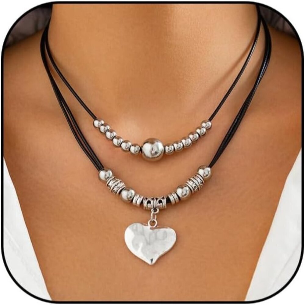 Women's Vintage Heart Shaped Beaded Western Cactus Cross Chain Necklaces